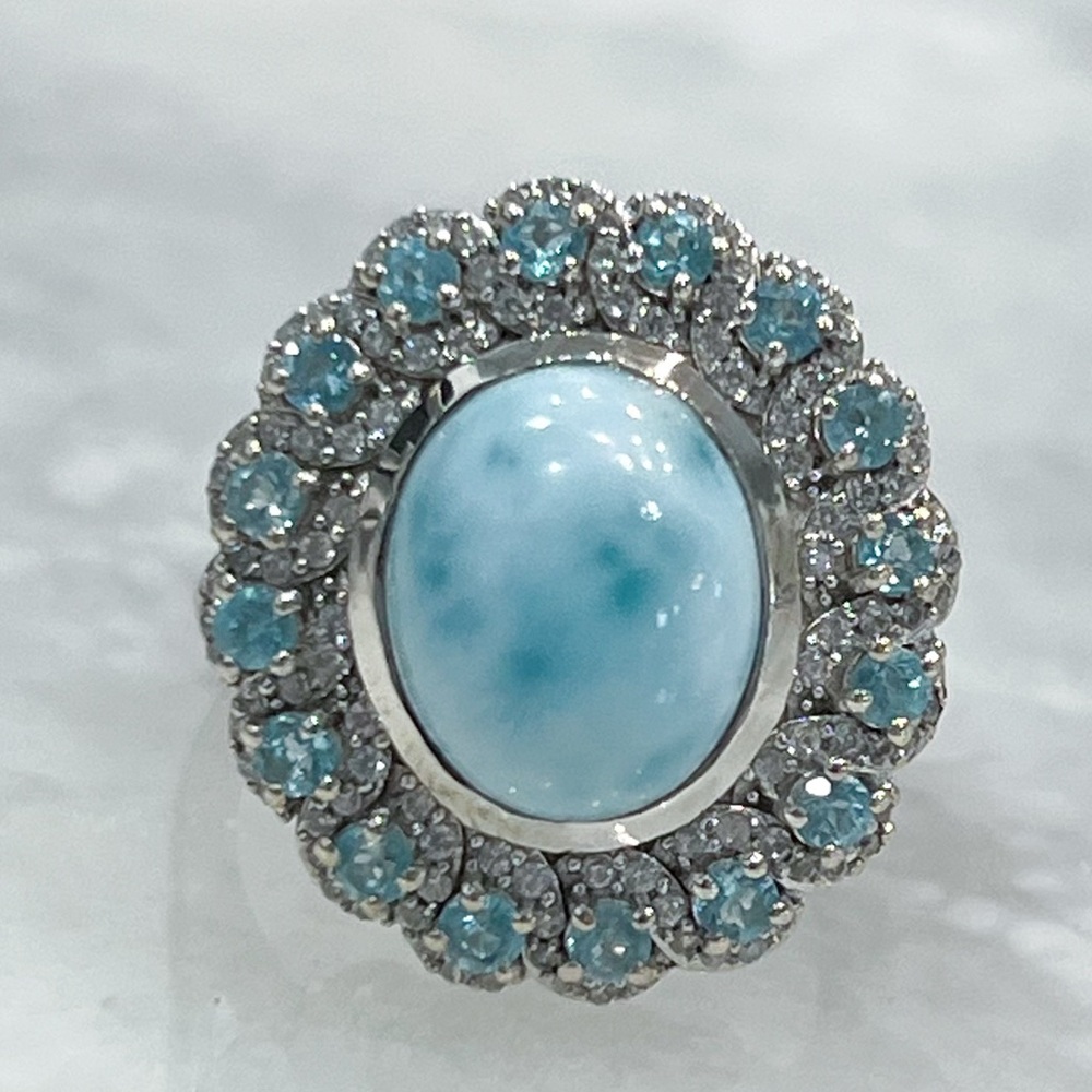 Larimar Blue Apatite White Zircon Sterling Silver Ring Sz 7